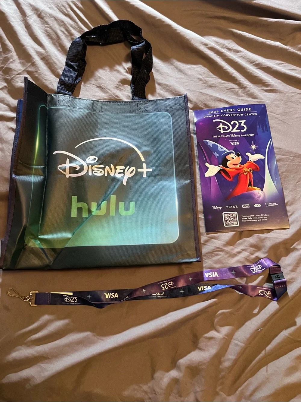 Disney+ Hulu Reusable Tote Bag in Teal and Green, lanyard holder and map.